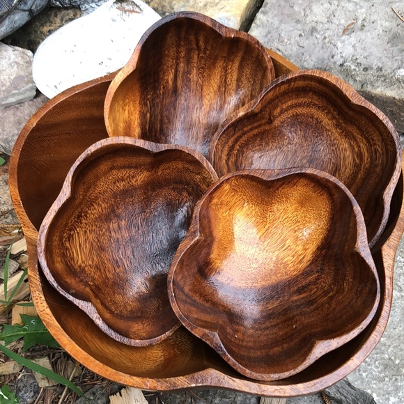 Monkey Pod Wooden Bowl Set-Large Bowl with 4 Smaller Bowls-GUC-Vintage - Picture 5 of 16